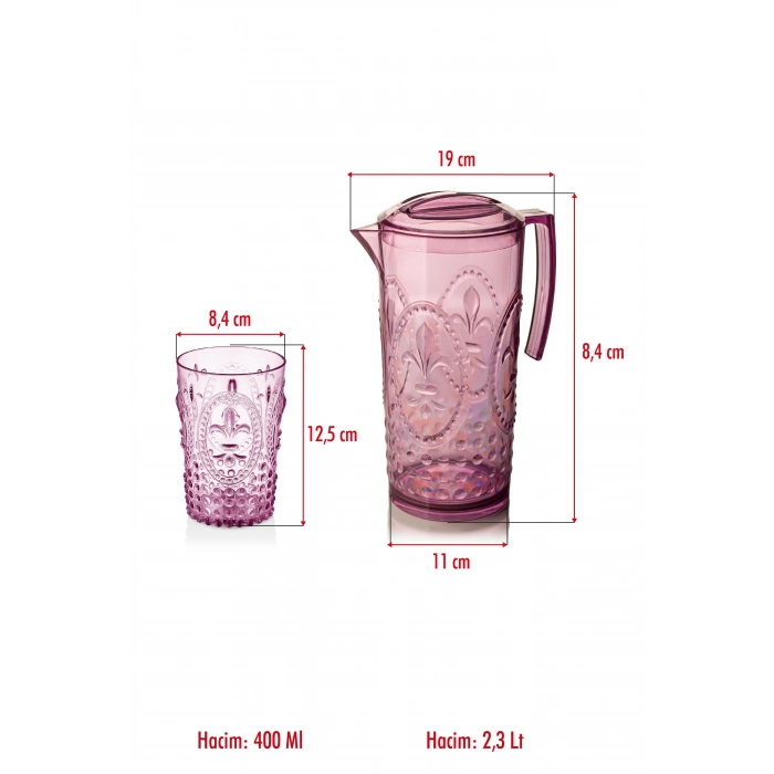 Akrilik Mürdüm Sürahi 2,3 lt Ve 6lı & Su Meşrubat Kahve Yanı Bardağı 400 ml Seti ( Cam Değildir )