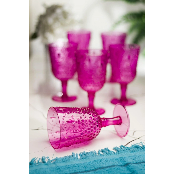 Akrilik Pembe 6lı Kadeh & Su Meşrubat Kahve Yanı Bardağı 450 ml ( Cam Değildir )