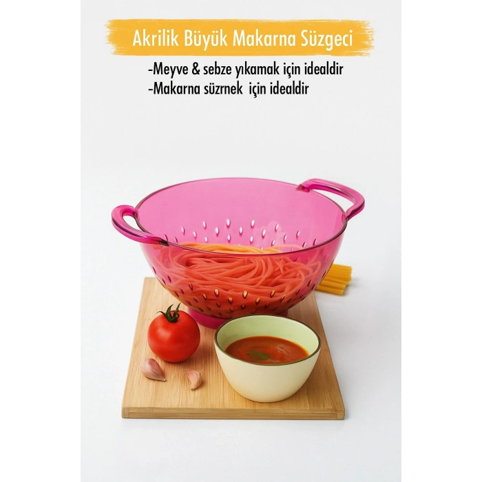 Akrilik Pembe Makarna Süzgeçi & Sebze Meyve Süzgeçi