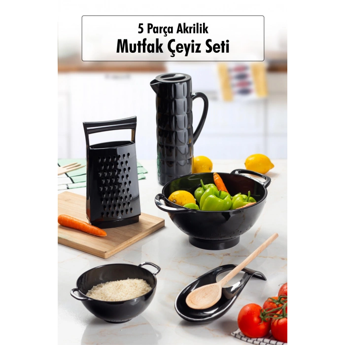 Akrilik Siyah 5 Parça Sürahi & Rende & Süzgeç & Mini Süzgeç & Kaşıklık & Mutfak Çeyiz Seti