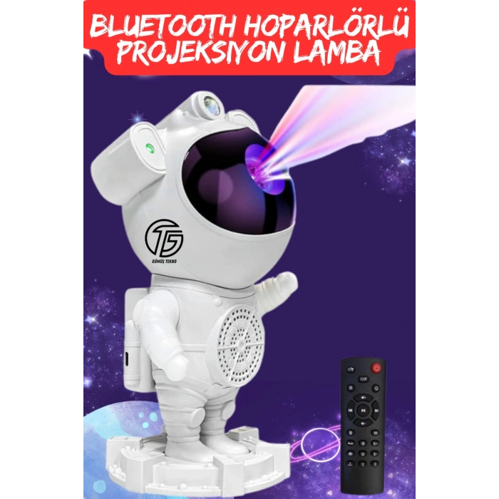 Astronot Tasarımlı Bluetooth Hoparlörlü HD Yıldız Projeksiyonlu Dekoratif Gece Lambası