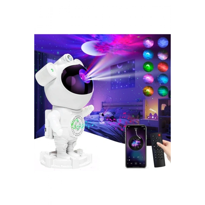 Astronot Tasarımlı Bluetooth Hoparlörlü HD Yıldız Projeksiyonlu Dekoratif Gece Lambası
