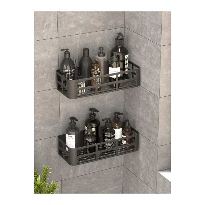 Banyo Duş Rafı 2li Yapışkanlı ve Deliksiz Duş Organizer Suya Dayanıklı Siyah Raf