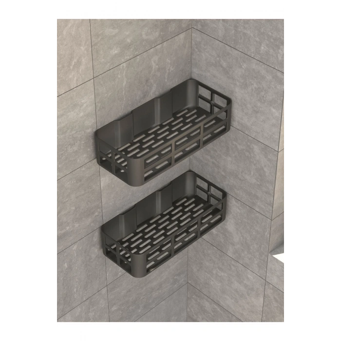 Banyo Duş Rafı 2li Yapışkanlı ve Deliksiz Duş Organizer Suya Dayanıklı Siyah Raf