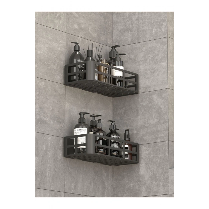 Banyo Duş Rafı 2li Yapışkanlı ve Deliksiz Duş Organizer Suya Dayanıklı Siyah Raf