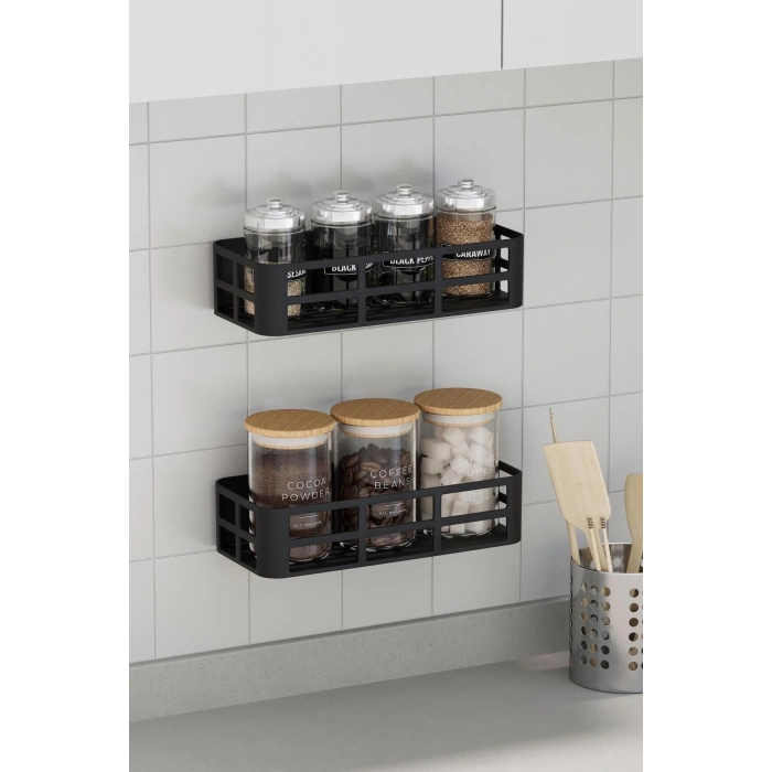 Banyo Duş Rafı 2li Yapışkanlı ve Deliksiz Duş Organizer Suya Dayanıklı Siyah Raf