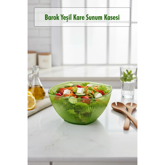Barok Yeşil Orta Boy Kare Kase & Sunum Kasesi - 1,5 Lt