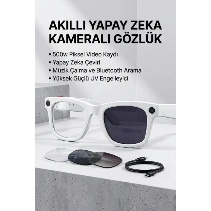 Beyaz Bluetooth Akıllı Gözlük Müzik Görüşme Kamera ve Mikrofon Özellikli