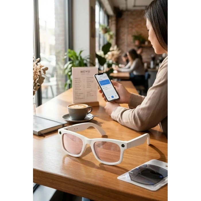Beyaz Çerçeveli Akıllı Gözlük Fotoğraf Video Ses Kaydı Bluetooth Bağlantılı