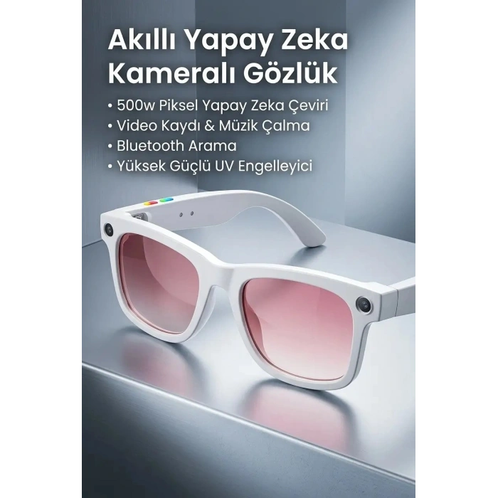 Beyaz Çerçeveli Kamera Mikrofonlu Akıllı Gözlük Bluetooth Ses Kontrolü