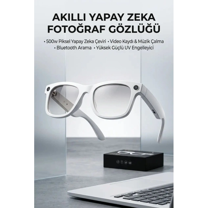 Beyaz Renk Akıllı Gözlük Kameralı Bluetooth Günlük Kullanım Premium Görünüm