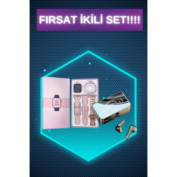 Bileklikli Amoled Ekran Akıllı Saat ve Dijital Göstergeli Kablosuz Bluetooth Kulaklık ANC/ ENC