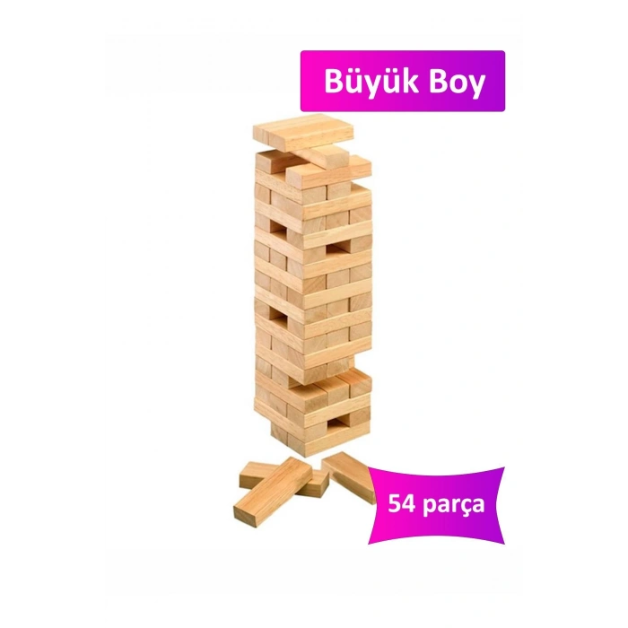 Büyük Boy Doğal Ahşap Denge Oyunu Kule Oyunu 54 Parça Ahşap Yapı Blokları Cenga