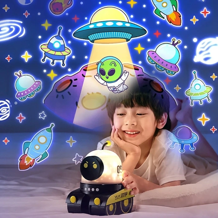 Çocuklar İçin Eğitici Eğlenceli Robot Figür Projektör Gece Lambası Uyku Arkadaşı