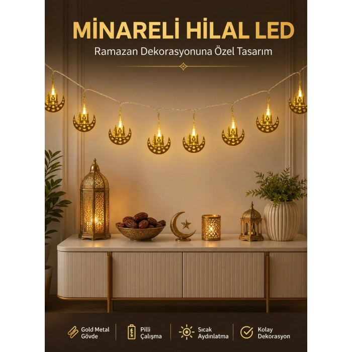 Dekoratif Minareli Hilal LED Işık Metal Gövdeli Ramazan Aydınlatma