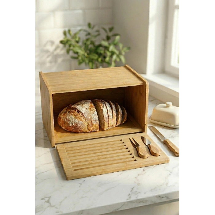 Doğal Bambu Kapaklı Ekmek Kutusu & Doğal Bambu Ekmek Dolabı (23x38x20 cm)