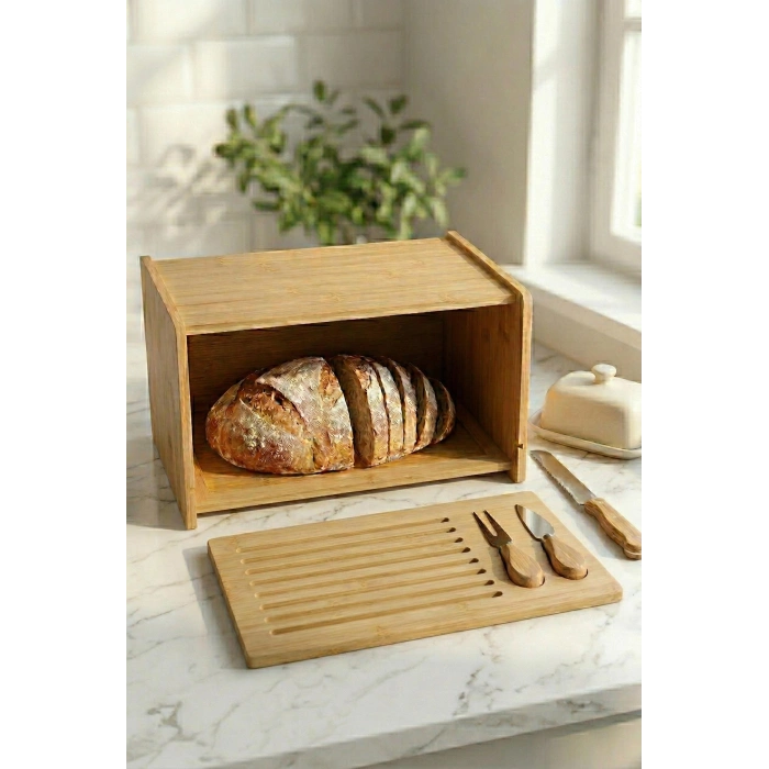 Doğal Bambu Kapaklı Ekmek Kutusu & Doğal Bambu Ekmek Dolabı (23x38x20 cm)