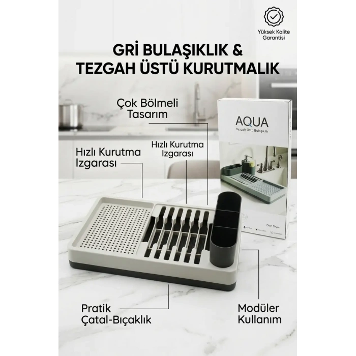 Drenajlı Gri Bulaşıklık Tezgah Üstü Tabak Bardak Kurutma Mutfak Düzenleyici