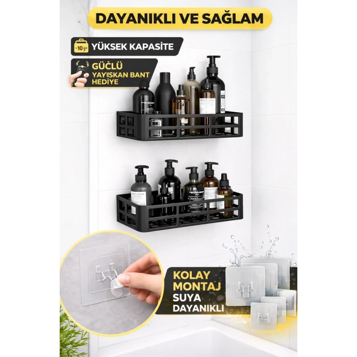 Duş İçi Yapışkanlı Banyo Rafı 2’li Set Delme Yok Güçlü Yapışkan Bantlı Organizer