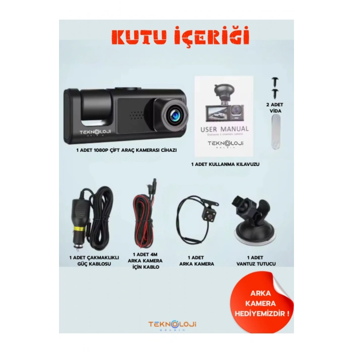Full HD 1080p 3 Kameralı Dash Cam Ön Arka İç Kayıt Özellikli Gece Görüşlü G Sensörlü