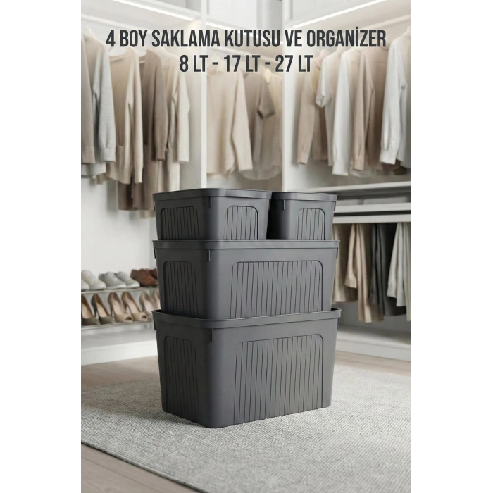Füme 4Lü Karma Ünit Saklama Kutusu Seti (8 LT + 17 LT + 27 LT) & Çok Amaçlı Ev Ve Kiler Düzenleyici
