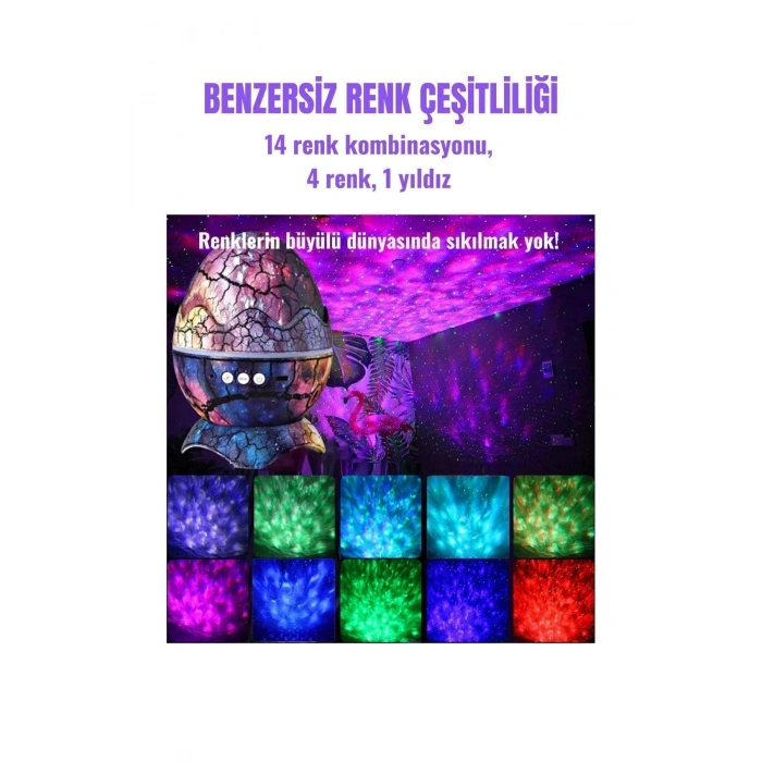 Gökyüzü Projeksiyonlu, Bluetooth Hoparlör Özellikli Dinozor Yumurtası Tasarımlı Gece Lambası