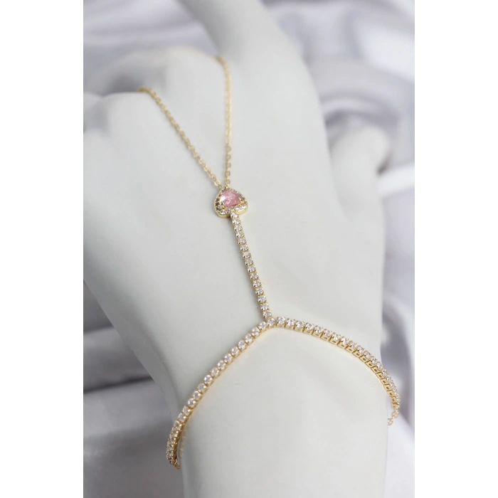 Gold Renk Pirinç Zirkon Taşlı Pembe Kalp Model Şahmeran