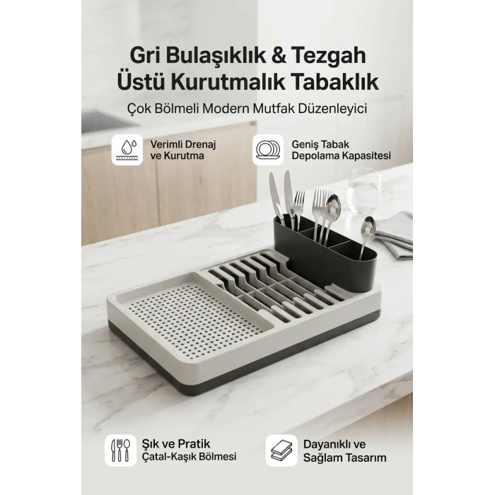 Gri Bulaşıklık Tabaklık Bardaklık Kaşıklık Tezgah Üstü Mutfak Organizeri Standı