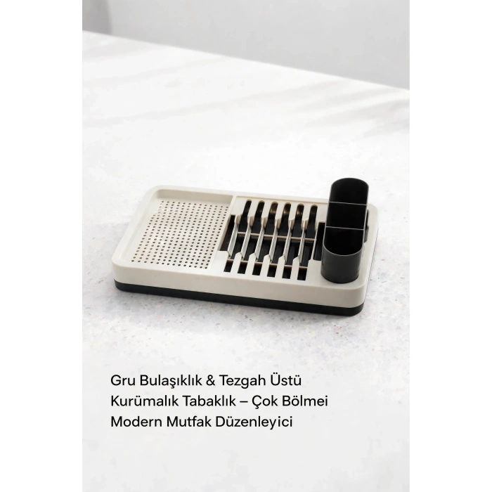 Gri Mutfak Bulaşıklığı Tezgah Üstü Tabaklık Bardaklık Kaşıklık Kurutma Standı