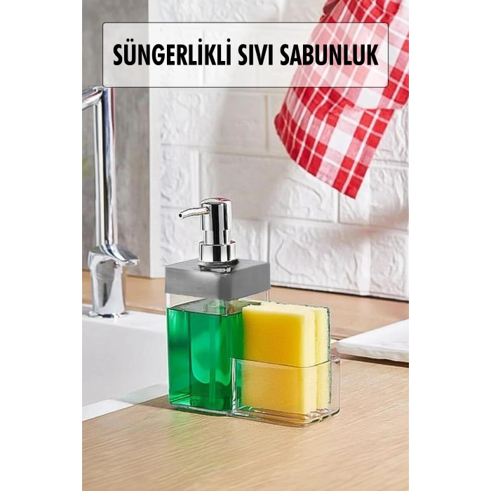Gri Renkli Sıvı Sabunluk Süngerlik Hazneli 450 ml