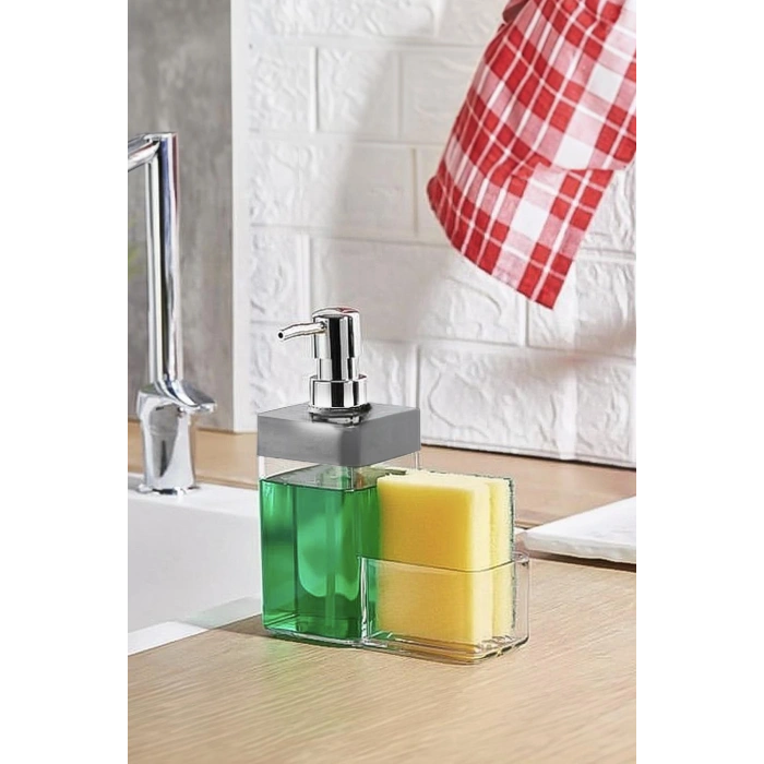 Gri Renkli Sıvı Sabunluk Süngerlik Hazneli 450 ml