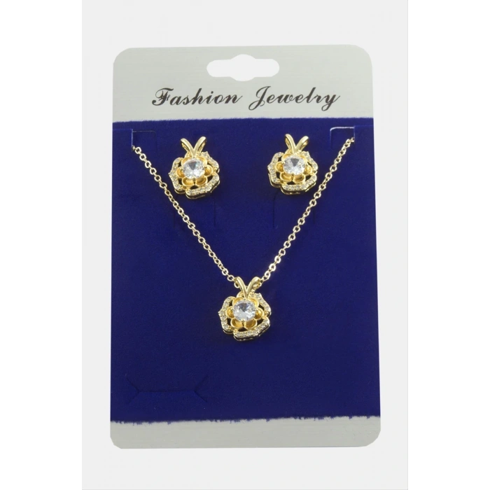 Gül Zirkon Taşlı Set Kolye