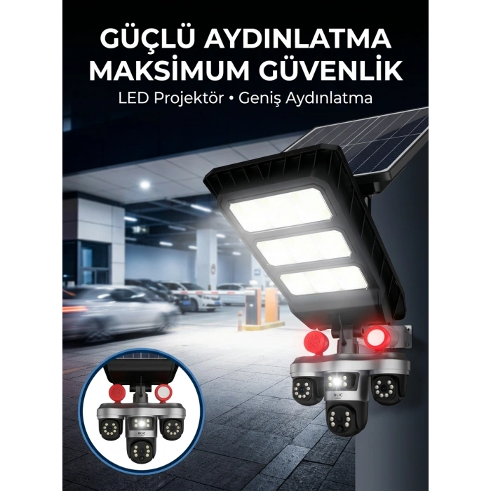 Güneş Enerjili Kablosuz Dış Mekan Güvenlik Kamerası Gece Görüşlü LED Projektörlü