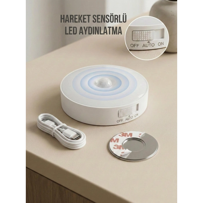 Hareket Sensörlü Yuvarlak LED Aydınlatma & USB Şarjlı Pratik Gece Lambası (8 cm)