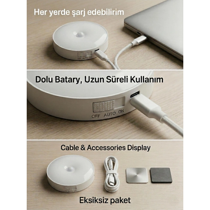 Hareket Sensörlü Yuvarlak LED Aydınlatma & USB Şarjlı Pratik Gece Lambası (8 cm)