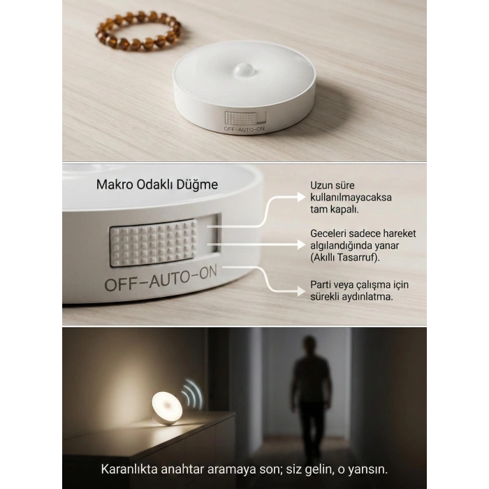 Hareket Sensörlü Yuvarlak LED Aydınlatma & USB Şarjlı Pratik Gece Lambası (8 cm)
