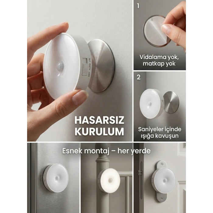 Hareket Sensörlü Yuvarlak LED Aydınlatma & USB Şarjlı Pratik Gece Lambası (8 cm)