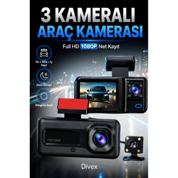 HD 3 Kameralı Araç Kamerası Ön Arka İç Kayıt Gece Görüşlü G Sensörlü Geniş Açılı