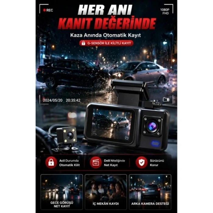 HD 3 Kameralı Araç Kamerası Ön Arka İç Kayıt Gece Görüşlü G Sensörlü Geniş Açılı