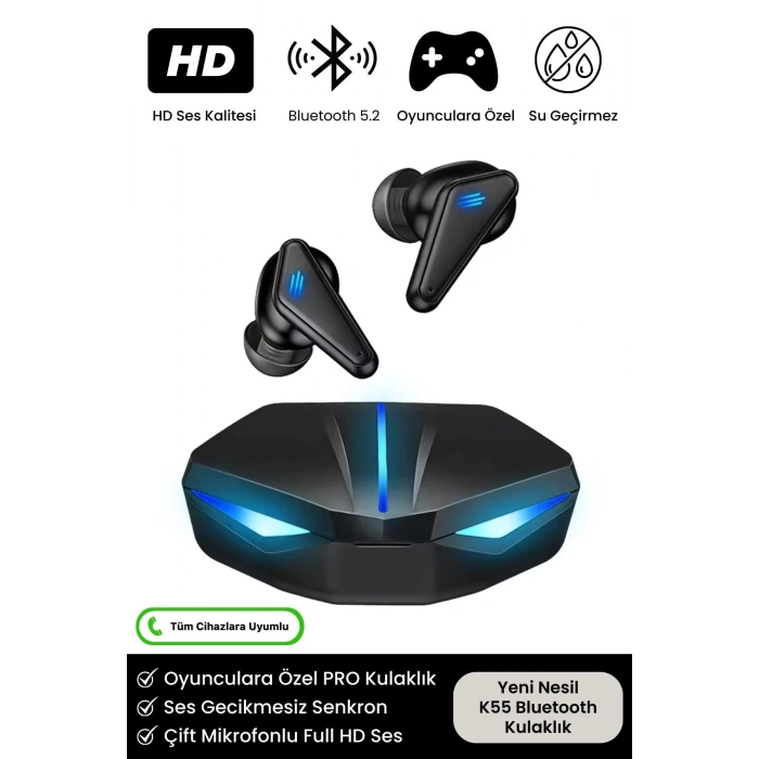 K55 Tws Pro Oyuncu Kulaklığı 3D Stereo Ses Extra Bass Işıklı Mikrofonlu Bluetooth Kablosuz Kulaklık