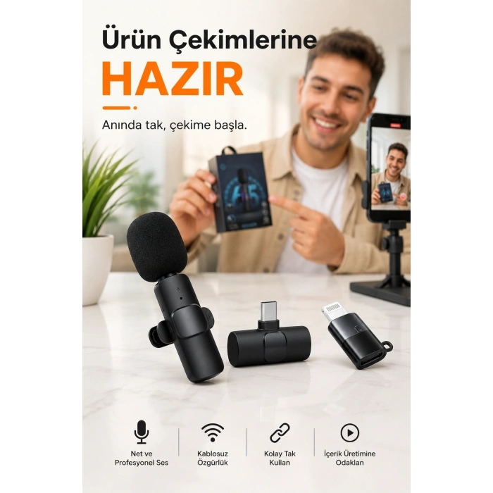 Kablosuz Yaka Mikrofonu USB-C Lightning Uyumlu Tak Çalıştır Telefon Video Ses Kayıt Seti