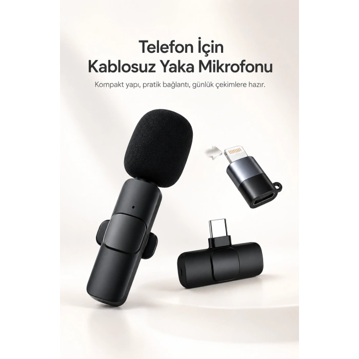 Kablosuz Yaka Mikrofonu USB-C ve Lightning Uyumlu Tak Çalıştır Telefon Kayıt Mikrofonu
