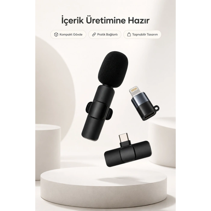 Kablosuz Yaka Mikrofonu USB-C ve Lightning Uyumlu Tak Çalıştır Telefon Kayıt Mikrofonu