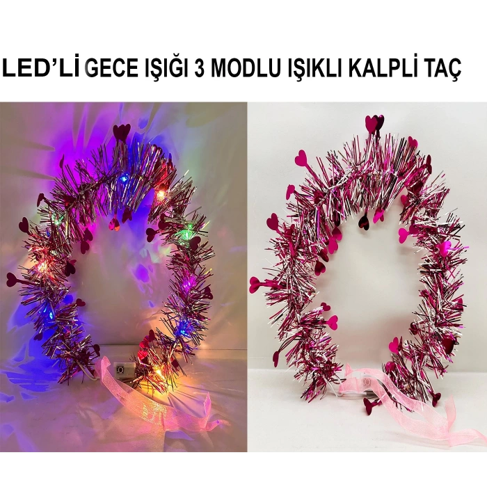Kalp Püsküllü Gece Parıltısı 3 Modlu LED'li Işıklı Taç Fuşya Renk