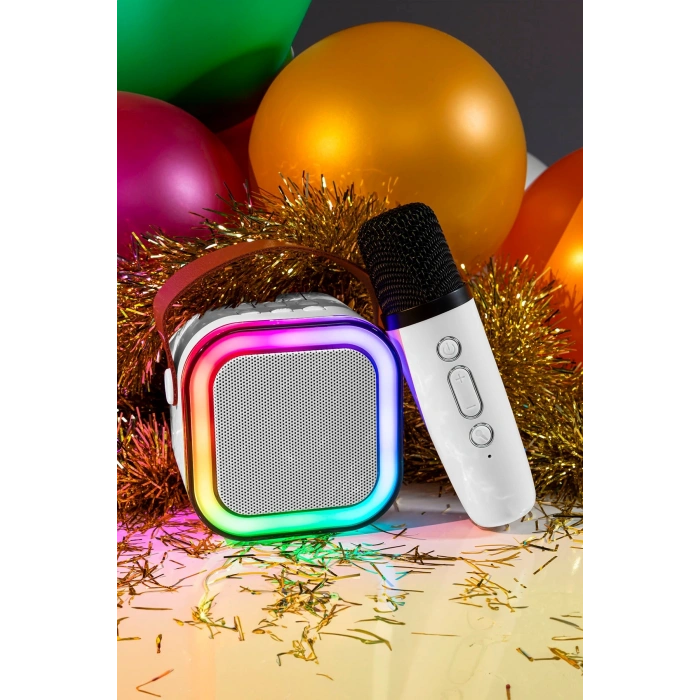Karaoke Mikrofonlu Beyaz Bluetooth Hoparlör, Taşınabilir Müzik ve Eğlence Sistemi
