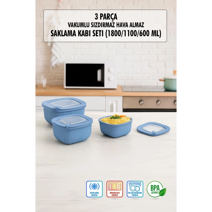Kare 3 Parça Vakumlu Sızdırmaz Hava Almaz Saklama Kabı Seti Mavi (1800/1100/600 Ml)