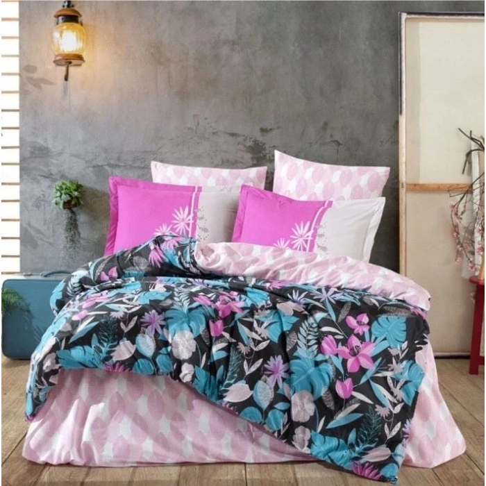 Kingsize Poplin Nevresim Monstera Fuşya