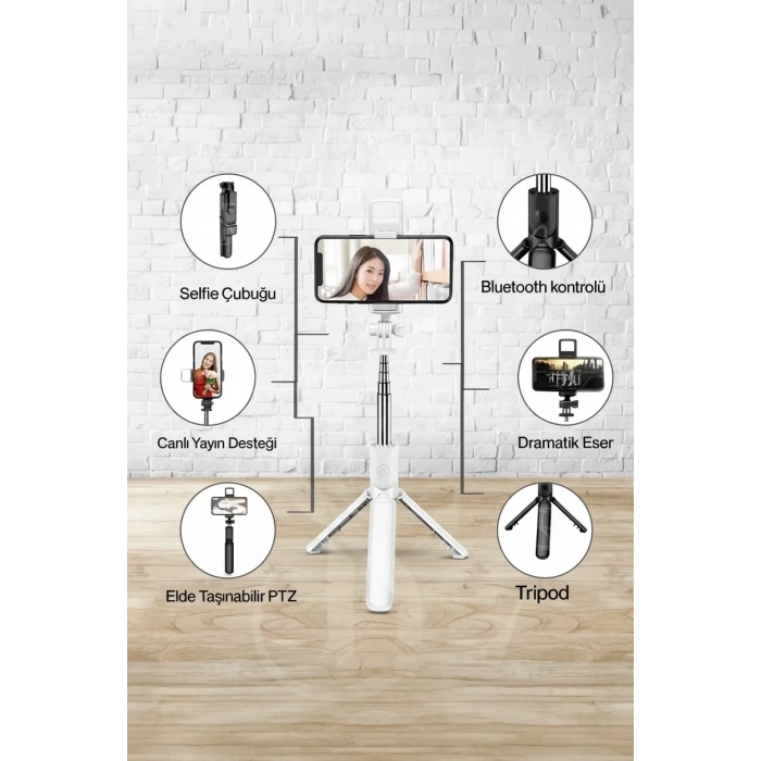 Led Işıklı Selfie Çubuğu Bluetooth Kumandalı Kablosuz Tripot Selfie Monopod Selfie Stick (Beyaz)