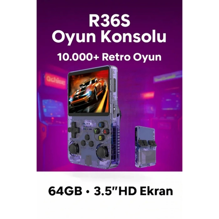 Mor Renkli Mini Retro Oyun Konsolu, 64GB Hafıza ve IPS Ekran ile 10.000 Oyun Sunar