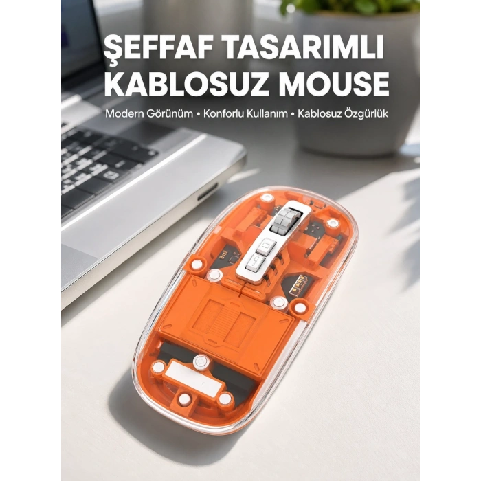 Mouse Fare Kablosuz Mouse Fare Şarjlı Bluetooth Sessiz 5 Tuşlu Şeffaf